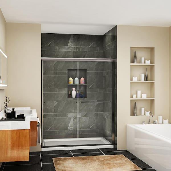 TOOLKISS 60 in. W x 72 in. H Double Sliding Semi-Frameless Shower Door in Brushed Nickel with Clear Glass