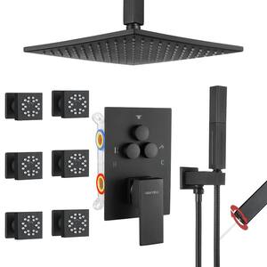 Single Handle 3-Spray Shower Faucet 1.8 GPM 10 in. Square Ceiling Mounted with Pressure Balance in Matte Black with6-Jet