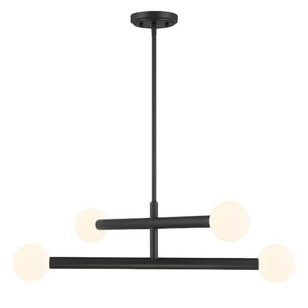 30 in. W x 8 in. H 4-Light Matte Black Contemporary Chandelier with White Opal Glass Shades
