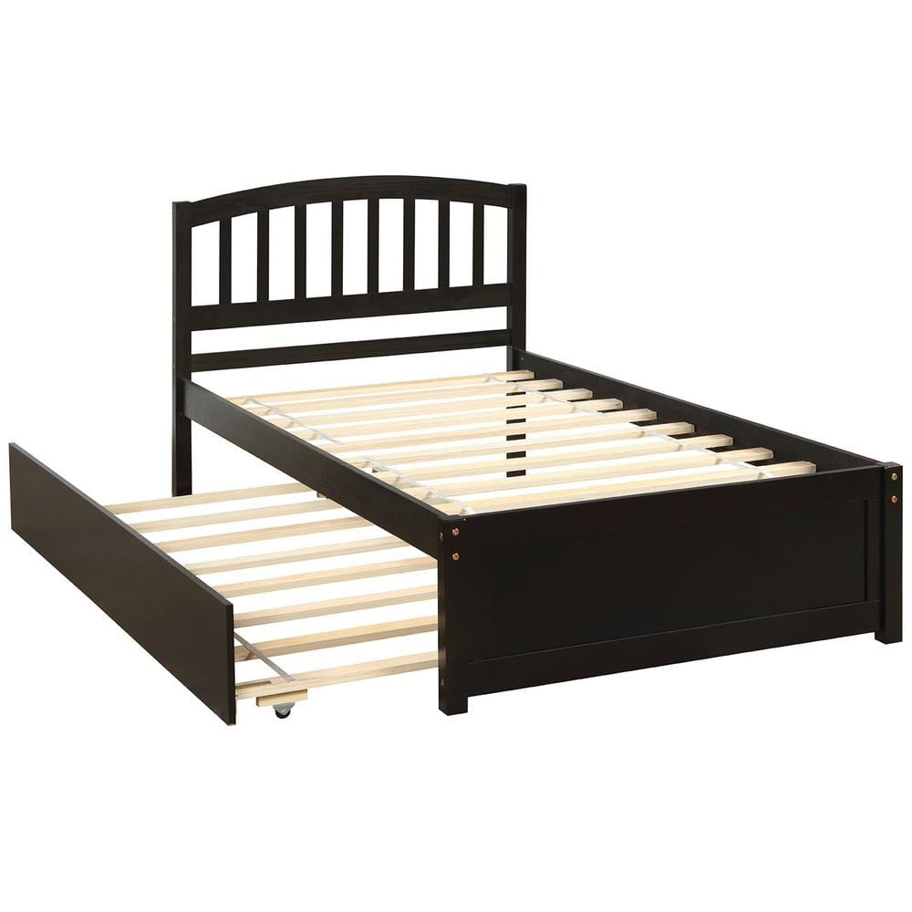 Espresso Twin Platform Bed Frame with Trundle, Twin Bed Frame with Headboard and Pull Out Trundle for Kids, Guest Room -  URTR, T-01036-P