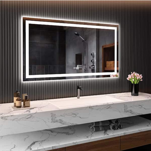 55 in. W x 30 in. H Rectangular Frameless Anti-Fog LED Light Wall Bathroom Vanity Mirror