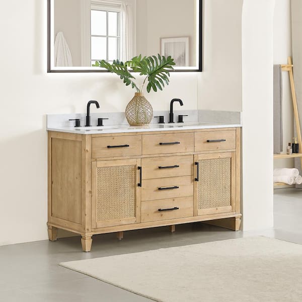Salome 60 in. Double Freestanding Weathered Fir Bath Vanity with Grain White Engineered Stone Top Assembled