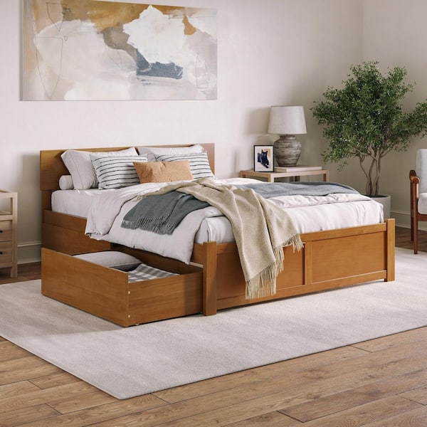 Orlando Light Toffee Natural Bronze Solid Wood Frame Queen Platform Bed with Footboard and Storage Drawers