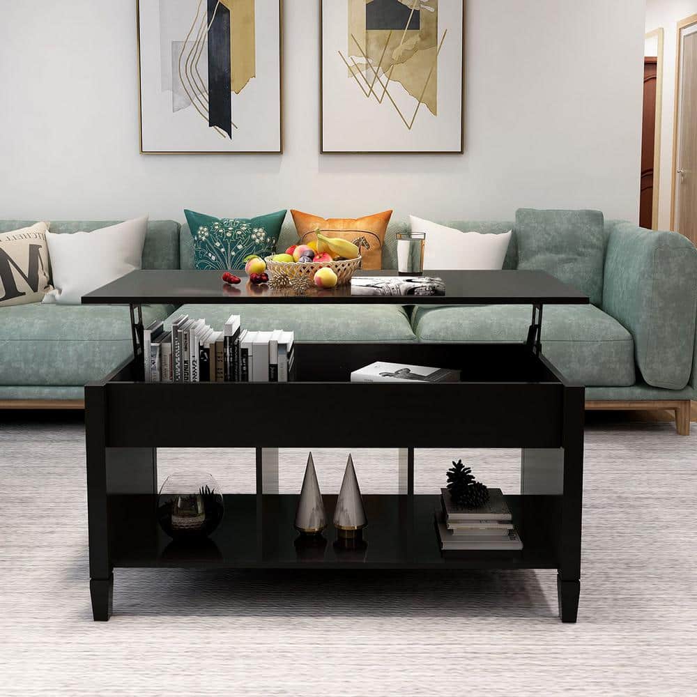 Qualler 41 in. Black Rectangle Wood Coffee Table with Lift Top ...