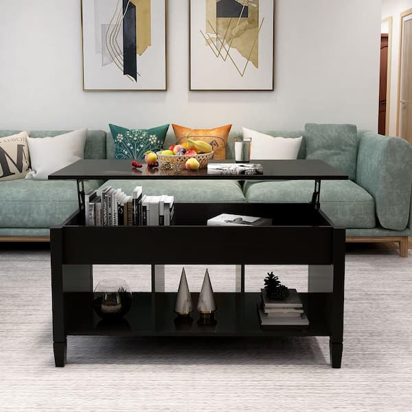 Qualler 41 in. Black Rectangle Wood Coffee Table with Lift Top