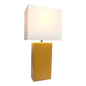 21 in. Modern Tan Leather Table Lamp with White Fabric Shade