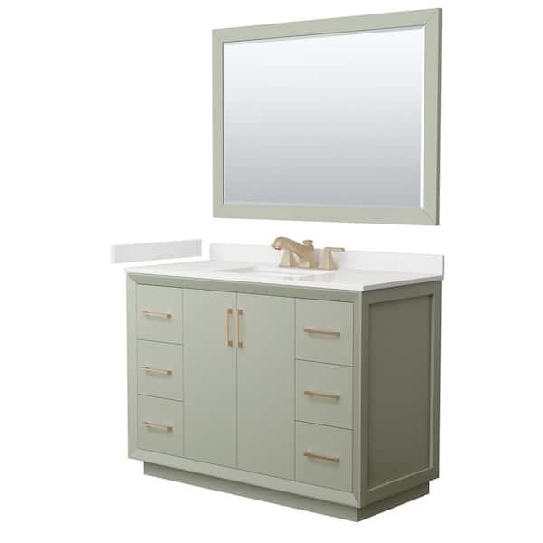 Wyndham Collection Strada 48 in. W x 22 in. D x 35 in. H Single Bath Vanity in Light Green with White Quartz Top and 46 in. Mirror