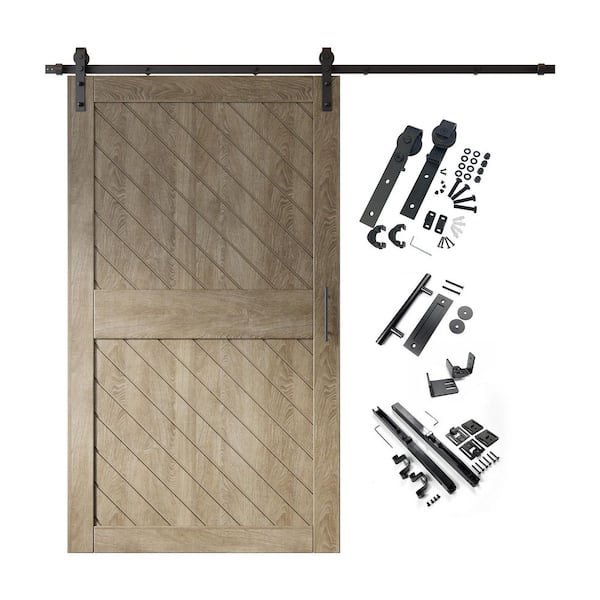 XT2 48 in. x 84 in. C-Panel Classic Gray Slanted Stripe Design Solid Pine Wood Sliding Barn Door with Hardware Kit