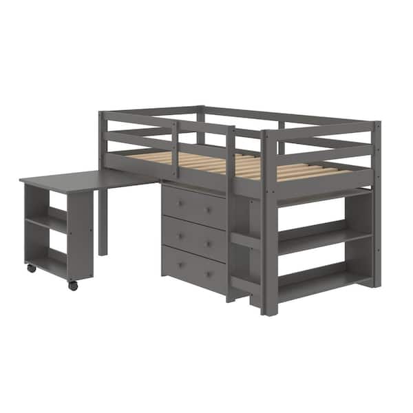 Donco Kids Dark Grey Twin Low Loft Bed, Kids Loft Bunk Bed With Desk