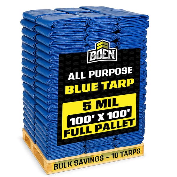 100 ft x 100 ft Blue Poly Tarp 10-Full Pallet, 5 Mil Water-Resistant & UV-Resistant Cover with Grommets and Hems