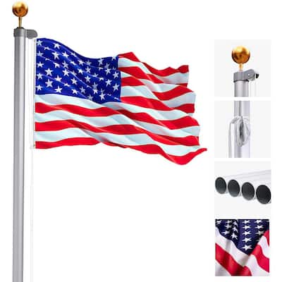 Silver Peach Tree Basic Portable Commercial Flag Pole Outdoor Garden Construction Heavy Duty Aluminum Alloy with two USA flags 16ft 