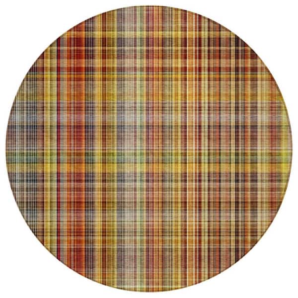 Orange 8 ft. Round Woven Plaid Round Indoor/Outdoor Area Rug