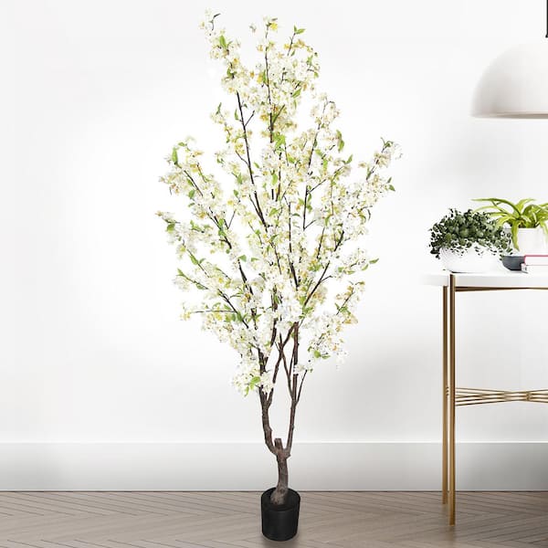 Unbranded 6.5 ft. Cream White Artificial Cherry Blossom Flower Tree in Pot