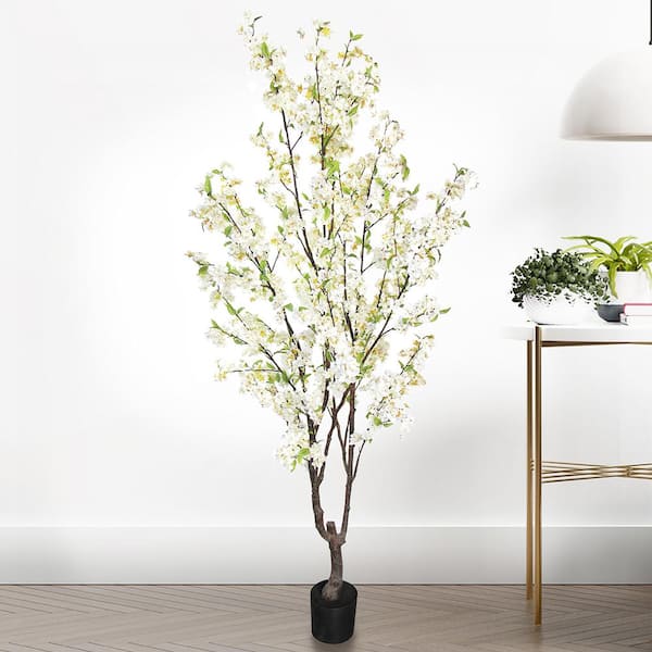 LIVING LUXURY 6.5 ft. Cream White Artificial Cherry Blossom Flower Tree in Pot