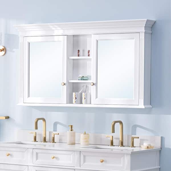 55 in. W x 30 in. H White Rectangular Wood Surface Mount Medicine Cabinet with Mirror and Shelves, 2 Soft Close Doors