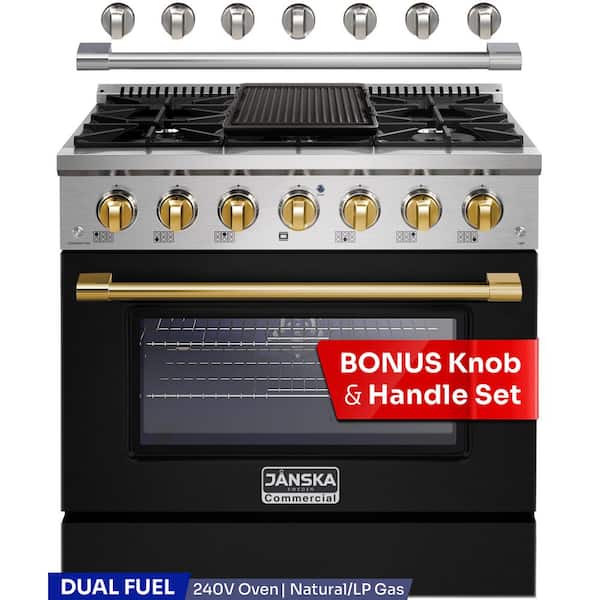 Professional 36 in. Freestanding Dual Fuel Range, 6-Burners, 5.2 cu. ft. Electric Oven, Griddle, Black, 2 Sets of Knobs