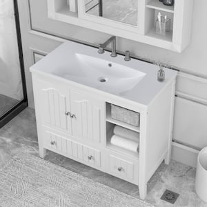 36 in. W x 18.03 in. D x 32.13 in. H Bathroom Vanity in White with Cabinet, White Ceramic Basin Top, Drawers