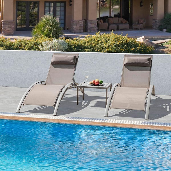 3‑Piece Aluminum Chaise Lounge Set with 5‑Position Recline & Side Table, Beige w/Table