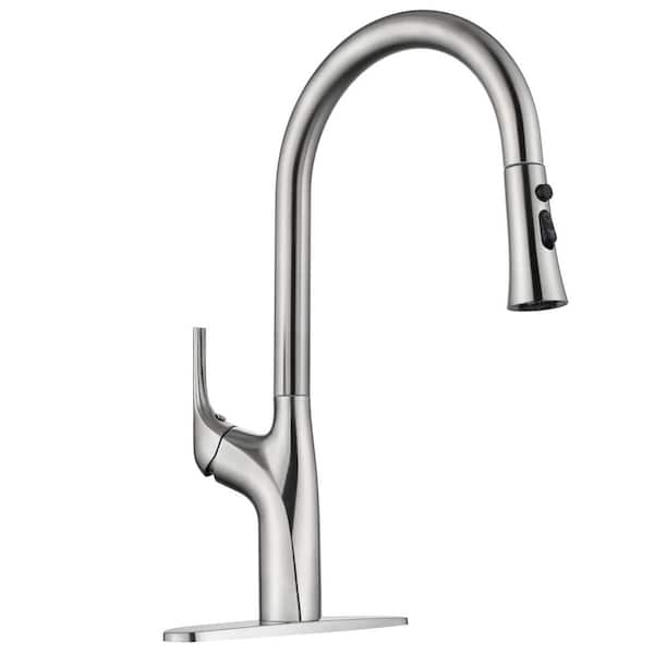 Modern 3-Mode 17 in. Single-Handle Pull-Down Sprayer Kitchen Faucet with Lead-free Stainless Steel Brushed Nickel