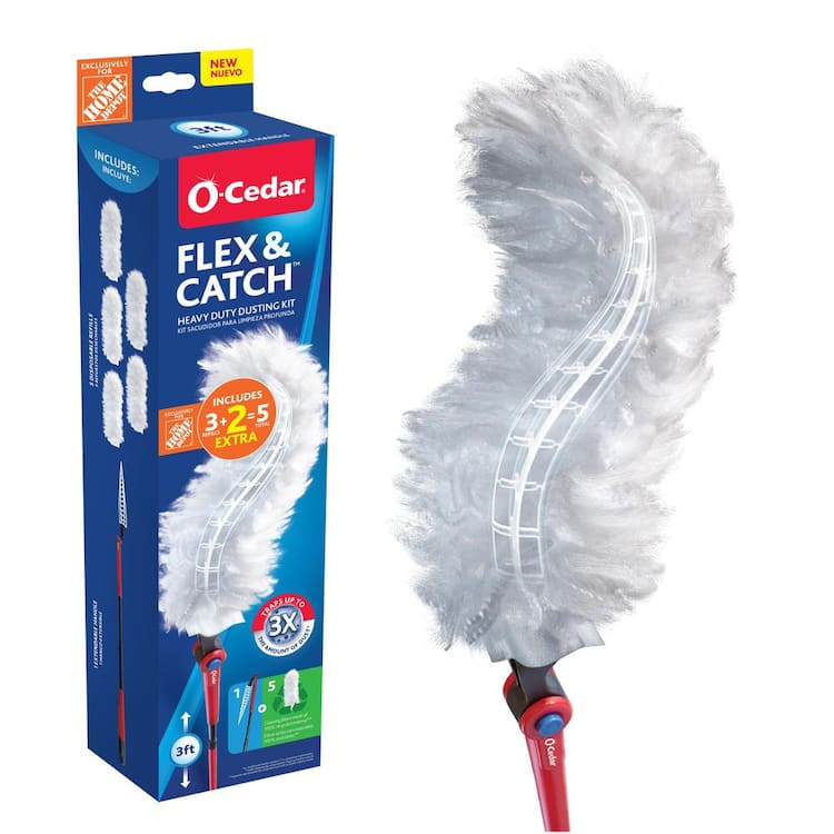 O-Cedar Flex and Catch Heavy Duty Dusting Kit with Stay-On Duster Hook, 5-Duster Refills, Handle Extends to 3 ft.