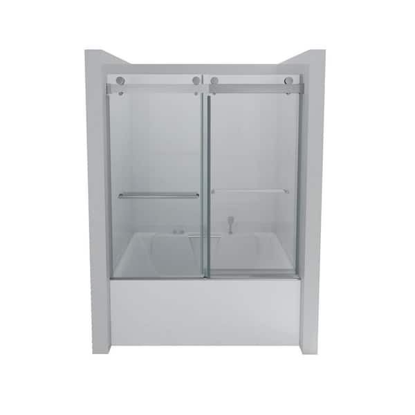 RAINLEX 56 in. to 60 in. W x 65 in. H Sliding Frameless Bathtub Door in Brushed Nickel Finish with Clear Glass