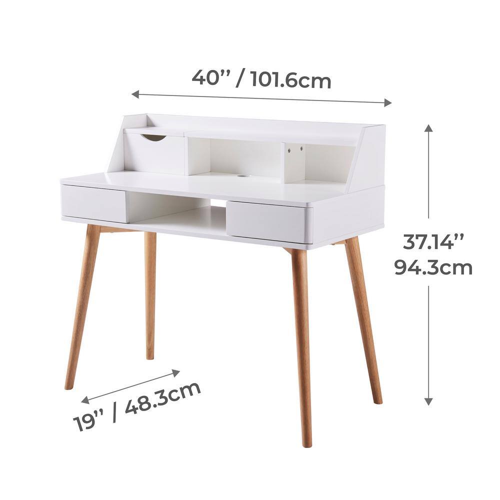 Modern White/Natural Wood Writing Desk with Hutch and Drawers