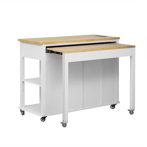 Cesicia Rustic White Veneer Wood Power Outlet 47 in. Kitchen Cart Extendable Dining Table Kitchen Island 2-Drawer and 2-Cabinet
