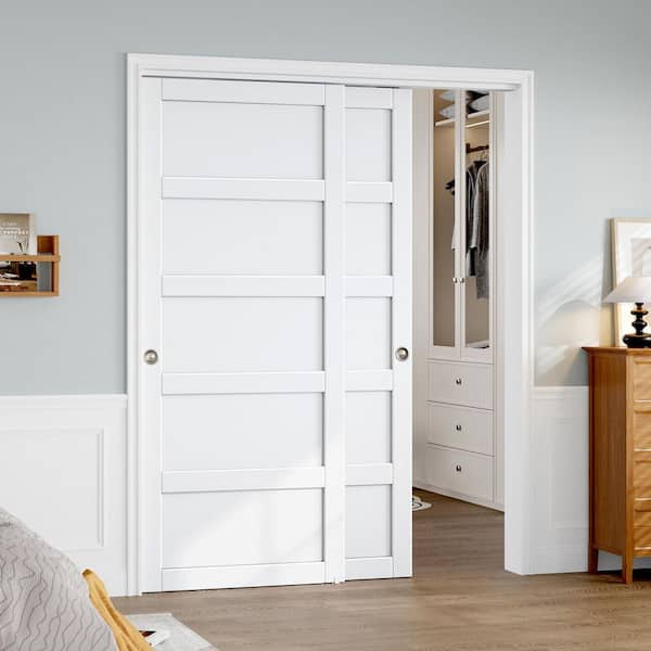 64 in. x 80 in. (Double 33 in.) H-style Solid Core Wood White Finished Composite Wood Sliding Door with Hardware