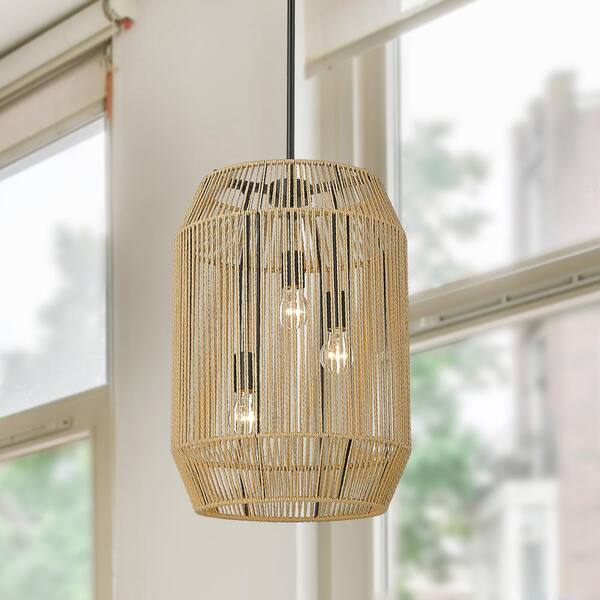 Golden Lighting - Marlee 3-Light Matte Black and Natural Raphia Rope Linear Pendant Light