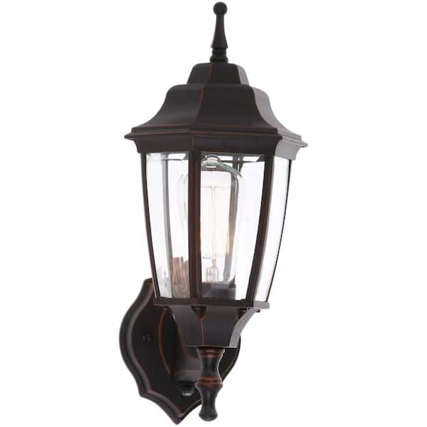 Hampton Bay 14.5 in. 1-Light Oil-Rubbed Bronze Hardwired Dusk-to-Dawn Outdoor Wall Light Lantern Sconce with No Bulb Included