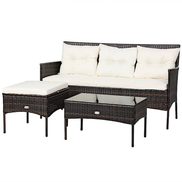 Costway 3-Piece Patio Wicker Furniture Set 3-Seat Sofa Outdoor Sectional Set with White Cushioned Table Garden