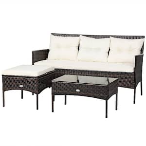 3-Piece Patio Wicker Furniture Set 3-Seat Sofa Outdoor Sectional Set with White Cushioned Table Garden