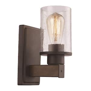 Siesta 1-Light Oil Rubbed Bronze and Faux Wood Indoor Wall Sconce Light Fixture with Seeded Glass