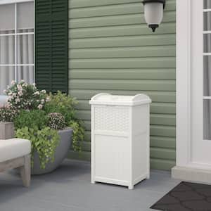 Suncast Plastic Trash Hideaway 30 Gallon White Outdoor Trash Can with Lid, Suitable for Patios, Decks and Backyards