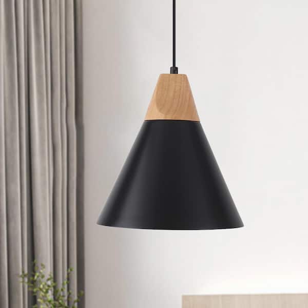 1-Light Black Modern Industrial Metal Cone Shade Hanging Pendant Light with No Bulbs Included
