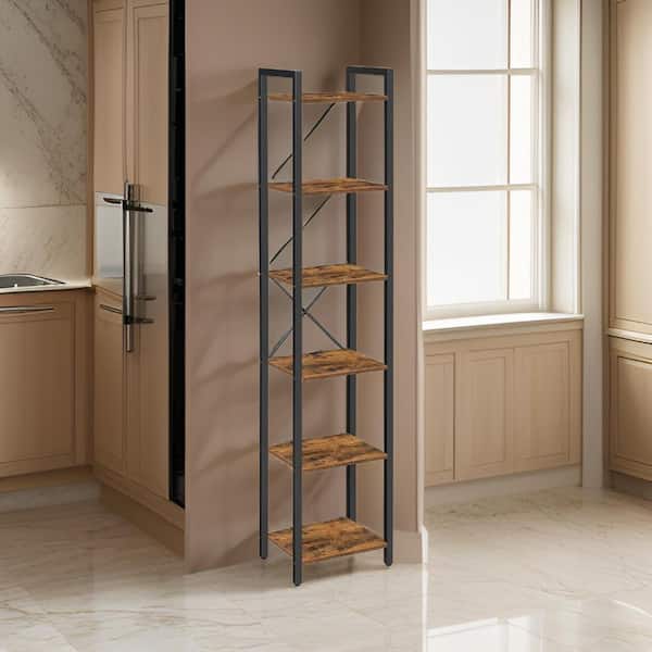 Benjara 73.82 in. Tall Black and Brown Wood 6-Shelf Standard Bookcase with Metal Frame
