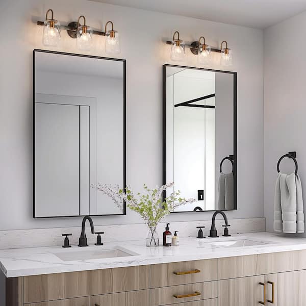 Cellar Modern 24 in. Gunmetal Gray and Brass Vanity Light 3-Light Bathroom Wall Light Mason Jar Textured Glass Shades