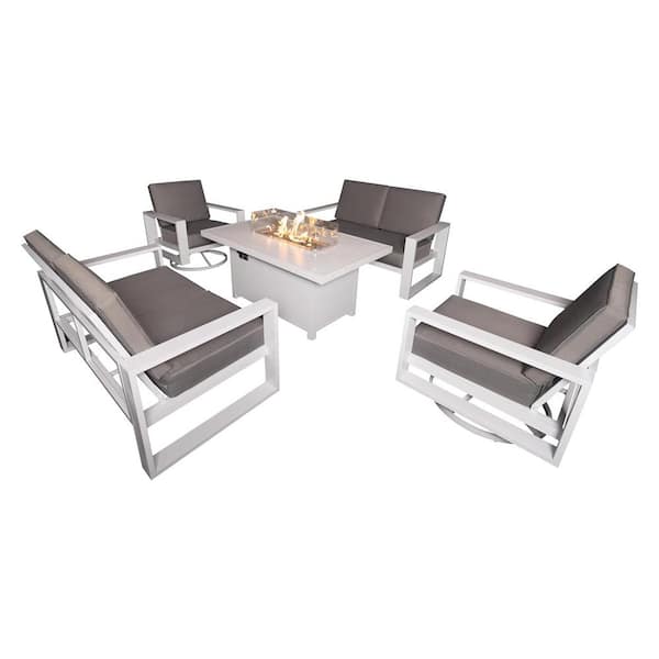PATIOPTION Aluminum Patio Conversation Set with Gray Cushion, White 55.12 in. Fire Pit Table Sofa Set - 2 Swivel+2xLoveseat