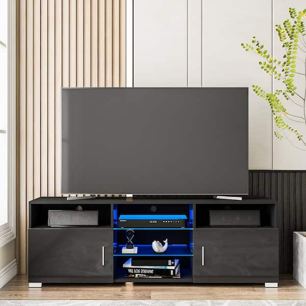 WOODYHOME 57.1 in. Black TV Stand with 2 Storage Drawers and 5 Open Layers  Fits TV's up to 65 in. with RGB LED Light POA5642567 - The Home Depot