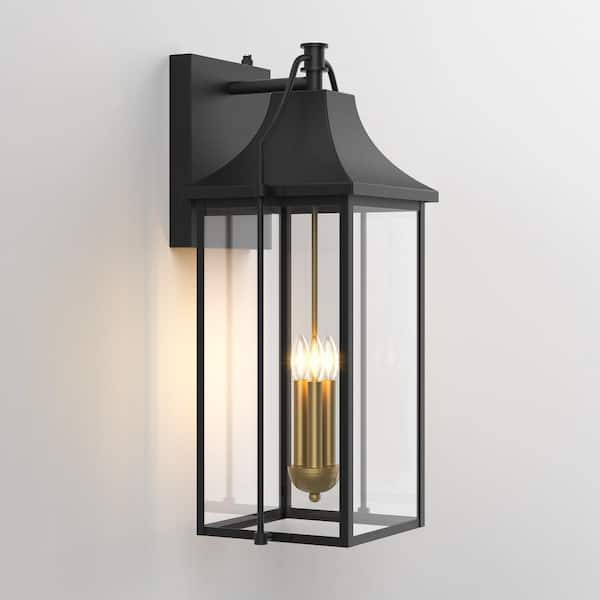 Hawaii 25 in. H 3-Bulb Black/Gold Hardwired Outdoor Wall Lantern Sconce with Dusk to Dawn