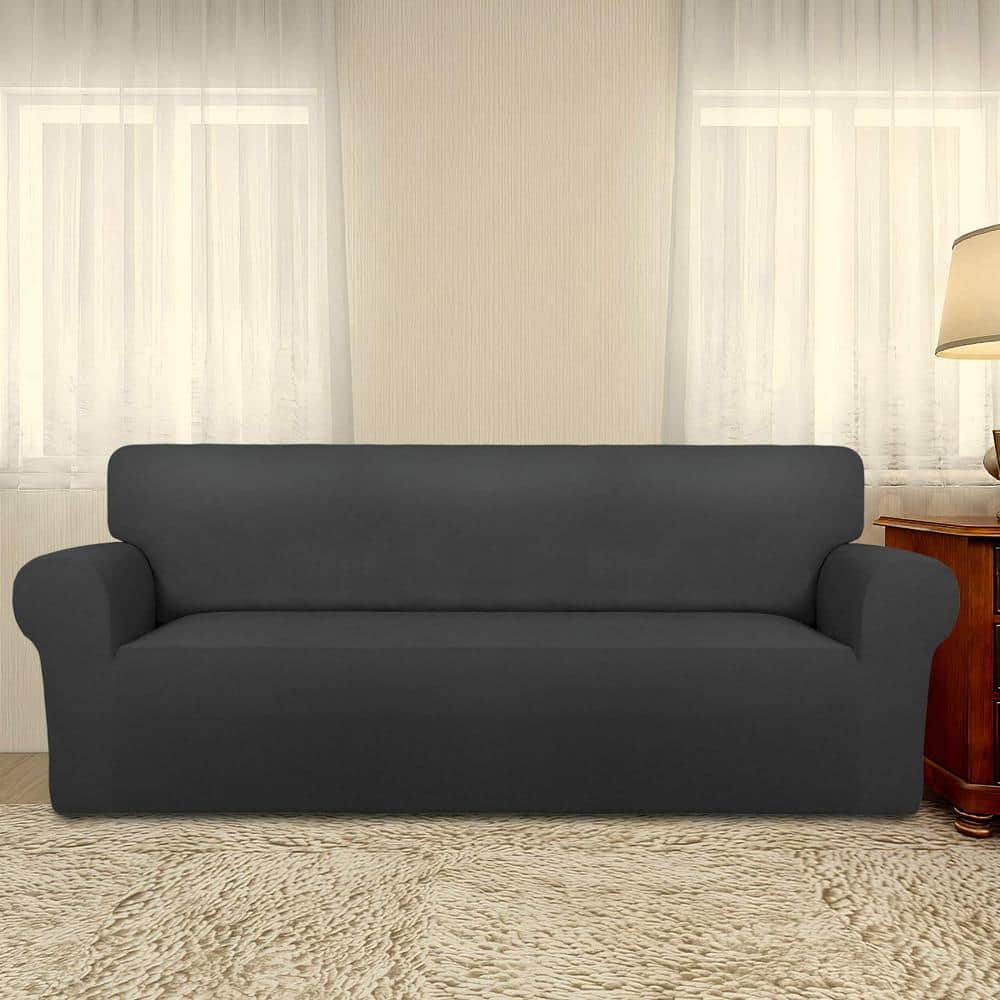 Dark Gray Super Stretch Sofa Polyester Slipcover with Non Skid Foam and Ela