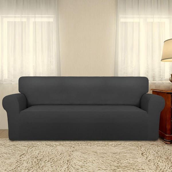 Dark Gray Super Stretch Sofa Polyester Slipcover with Non Skid Foam and Elastic Bottom for Kids and Pets, Large