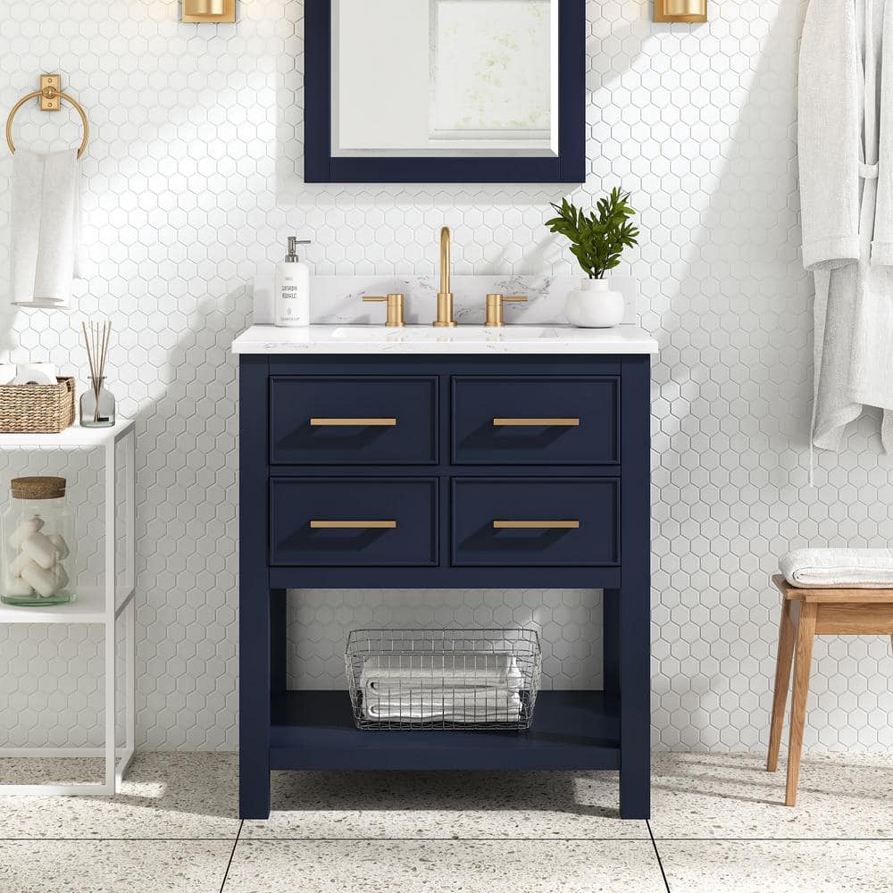 Navy Blue and Gold 31'' Single Bathroom Vanity with Engineered Marble Top