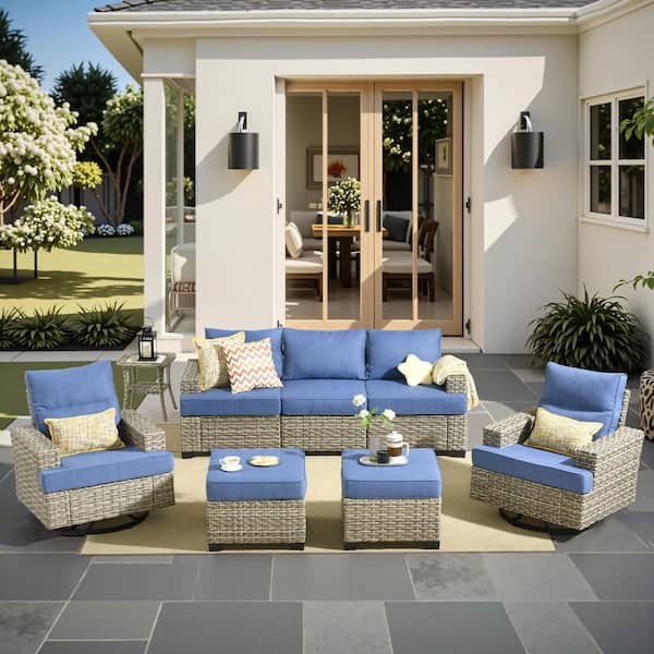 Caodoc Silvae Gray 8-Piece Wicker Outdoor Sectional Set Patio Conversation Sets with Rocking Chair & Denim Blue Cushion&Ottoman
