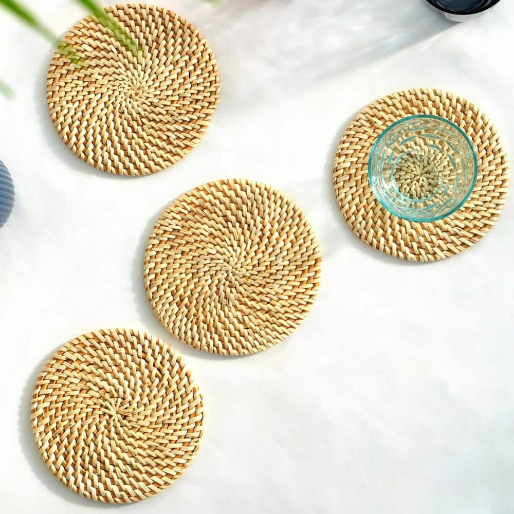 Set of 4 Natural Woven Rattan Round Placemats