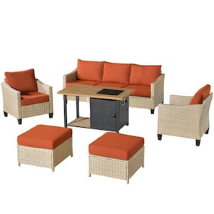 Oconee 6-Piece Wicker Modern Outdoor Patio Conversation Sofa Seating Set with a Storage Fire Pit and Orange Red Cushions