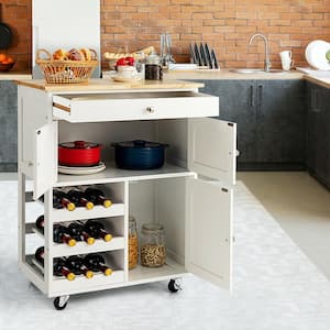 26.5in Rolling Kitchen Island Serving Cart Storage Cabinet w/Wine Rack White