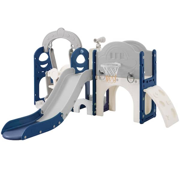 Unbranded Blue 8 in 1 Toddler Freestanding Slide Set with Basketball Hoops for Babies Indoor and Outdoor
