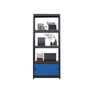 Kepsuul 32" W x 16" D x 77" H Black Four Shelf + 1 Navy Blue Door Customizable Modular Wood Shelving & Storage