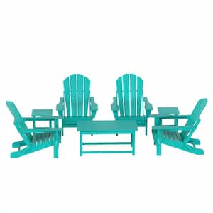 Laguna 7-Piece Fade Resistant Outdoor Patio HDPE Poly Plastic Folding Adirondack Chair Conversation Set in Turquoise